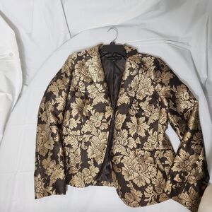 New York And Company Sz 8 Womens Tailored Blazer Brown Gold Floral